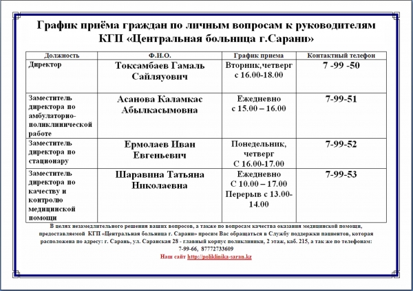 График приёма граждан по личным вопросам к руководителям КГП «Центральная больница г.Сарани»